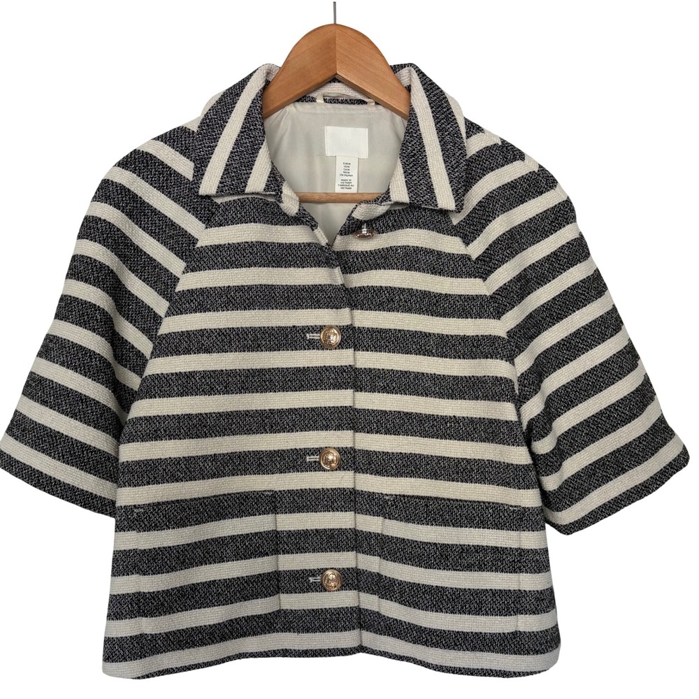 H&M‎ Striped Tweed Lady Jacket • Size M • Gold Buttons Parisian Quiet Luxury